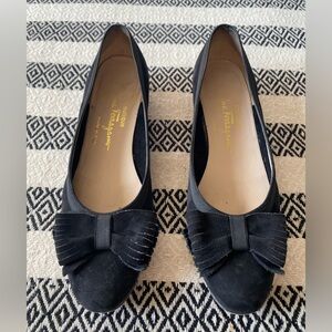 Vintage Salvatore Ferragamo Black Suede Bow Kitten Heel